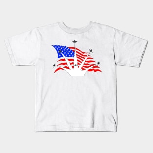 F18 Hornets flying over American Flag Ver 4 Kids T-Shirt